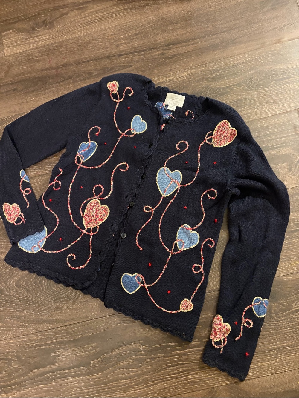 Vtg Christopher & Banks Navy Cardigan with Heart Embroidery Cottagecore size Sm